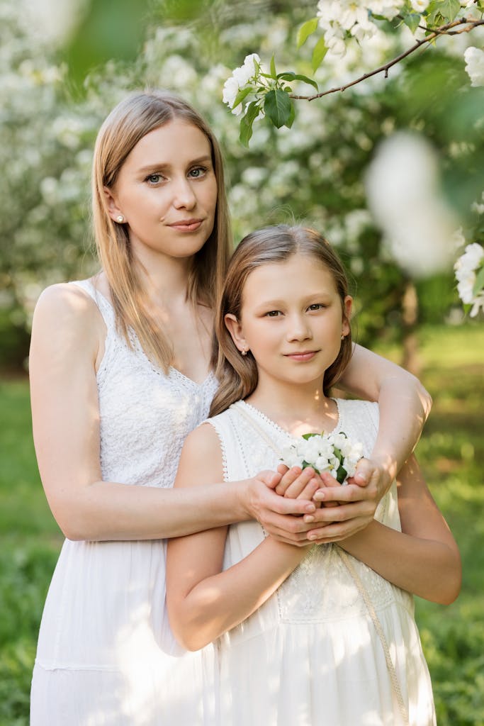 A mother embraces her daughter amidst blooming apple trees, showcasing love and togetherness outdoors.